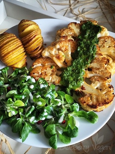 Cauliflower Steaks with Chimichurri and Hasselback Potatoes