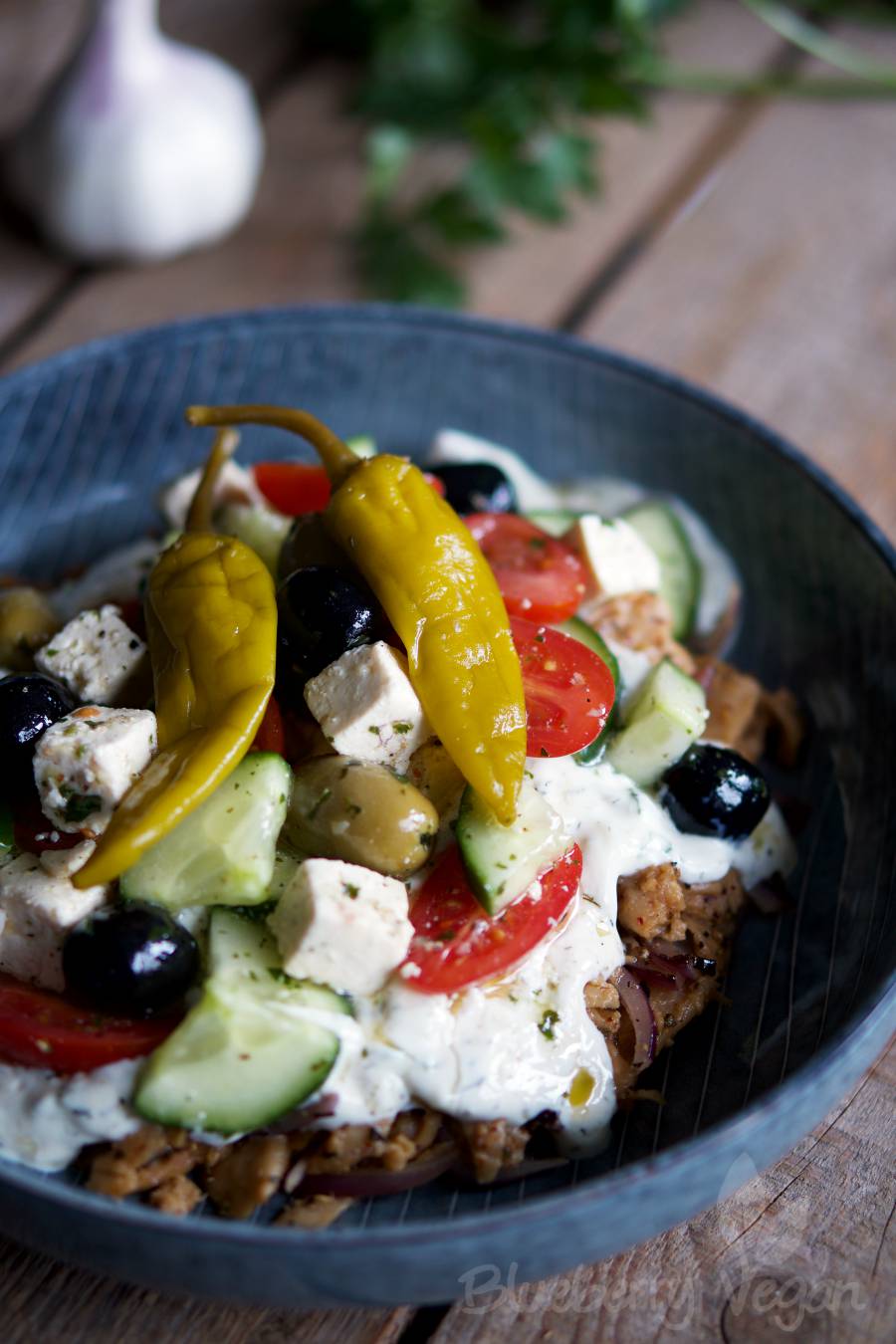 Seitan Gyros with Tzatziki, Salad and Tofu Feta | Blueberry Vegan