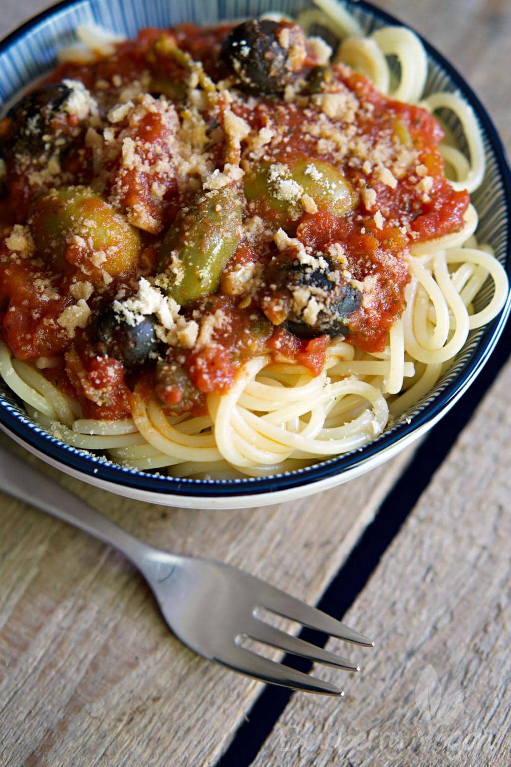 Spicy Spaghetti alla Puttanesca with Cashew Parmesan | Blueberry Vegan